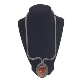 1970's Poland 925 Large Amber Cabochon Pendant Necklace