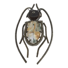 Large Agate, Tigerseye and Sterling Silver Bug Shaped Brooch