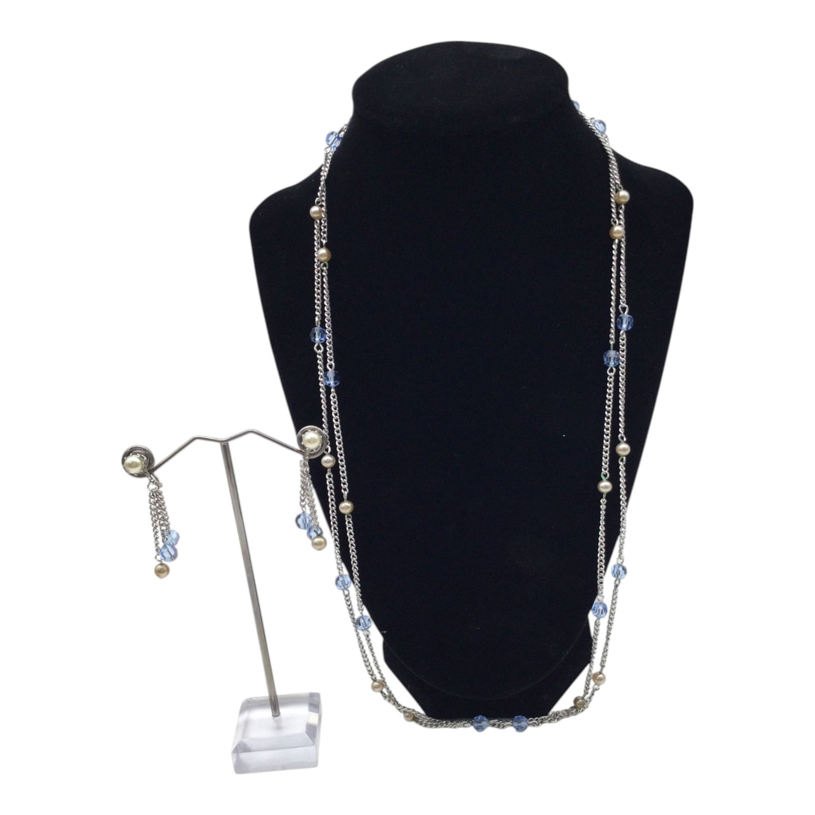 Vintage Coro Necklace & Earrings Set: Vintage Coro Necklace & Earrings Set with translucent blue beads and iridescent sphere beads. Approx 52 inches end to end. (earrings) 1-5/8 drop. 0.9 oz.