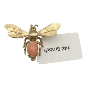 Vintage 14K Gold and Coral Bee Shaped Brooch