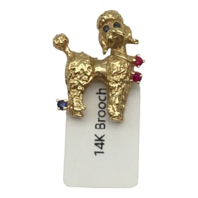Vintage 14K Gold Multi Color Gemstone French Poodle Brooch