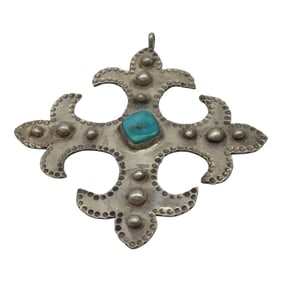 Vintage Large Sterling Silver and Turquoise Southwestern Style Cross Pendant