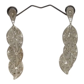 Vintage Long Sterling Silver Filigree Leaves Earrings