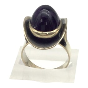 Vintage Modernist Sterling Ring with Amethyst Cabochon Signed, Sz. 7.5