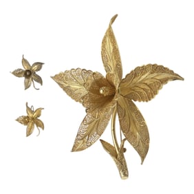 925 Large Orchid Filigree Brooch and Earring Set by GV Portugal