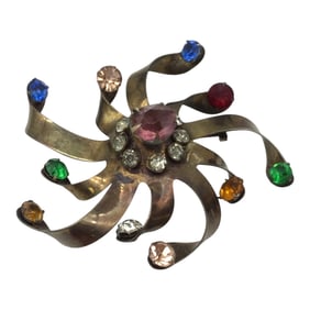 Vintage Sterling Silver Multi Color Rhinestone Brooch