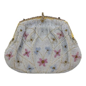Vintage Glass Seed Beaded Purse Floral Pattern, Unsigned