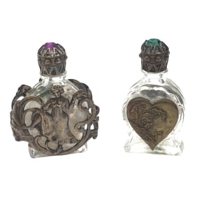 Lot of 2 Vintage Silver Cased Glass Mini Perfume Bottles