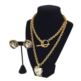1980's Gold and Crystal Hearts Necklace and Earring Set