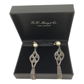 Vintage 925 Tassel Drop Dangle Earrings with Pearl Accent