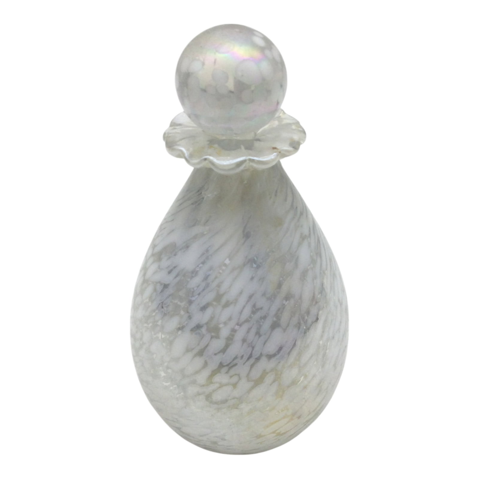 Vintage Glass IW Rice and Co. Perfume Bottle: Vintage Glass IW Rice and Co. Perfume Bottle iridescent with white swirl. Approx. 4 inches tall x 2.25 across.9.9 oz.