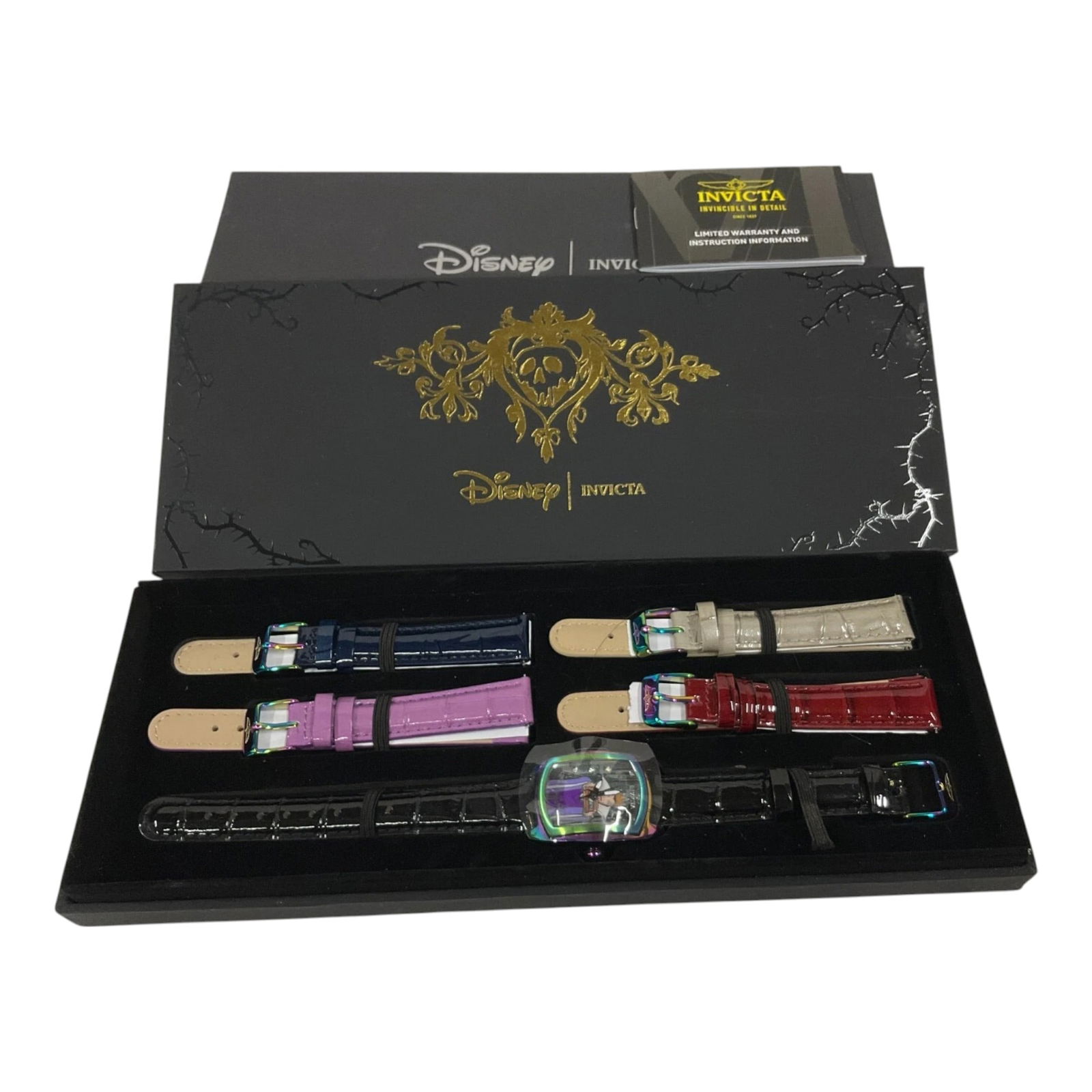 Invicta Disney Snow White Evil Queen Watch Model 25888 HTF LE: Invicta Disney Snow White Evil Queen Watch Model 25888 HTF LE 607/5000 - New battery installed, 5 interchangeable leather wristbands: black, purple, red, gray, navy blue. with case. Approx. 9 inches e