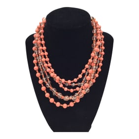 Vintage Miriam Haskell Coral and Crystals Beaded Necklace