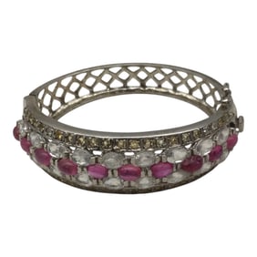 Vintage 925 Hinged Bracelet with Pink Gemstones and CZ's