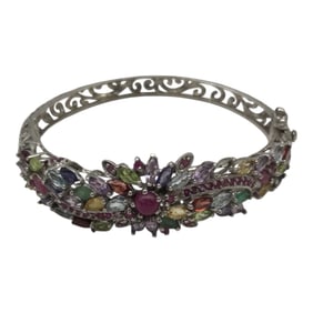 925 Multi Colored Gemstones Floral Pattern Hinged Bangle Bracelet