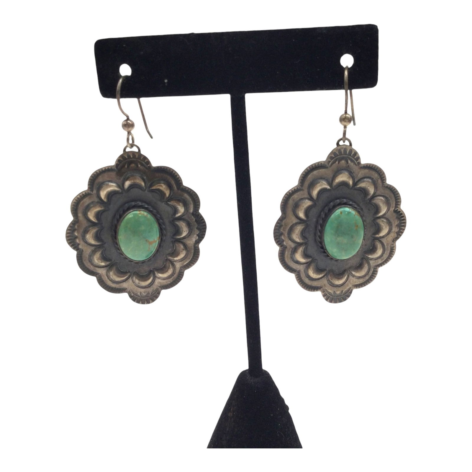 Vintage Sterling Silver Turquoise Earrings by Robert Johnson Navajo: Vintage Sterling Silver Turquoise Earrings by Robert Johnson Navajo. Approx. 2.25 inches tall x 1-3/8 wide, 0.5 oz.