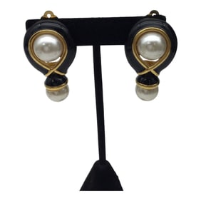 Vintage St. John Gold Black Enamel and Faux Pearl Clip On Earrings