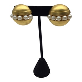 Vintage Karl Lagerfeld Gold Tone Faux Pearl Clip On Earrings