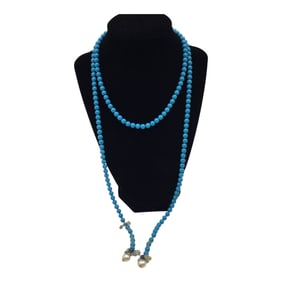 Turquoise Beaded Lariat With Faceted Gemstones and Freshwater Pearl Tips