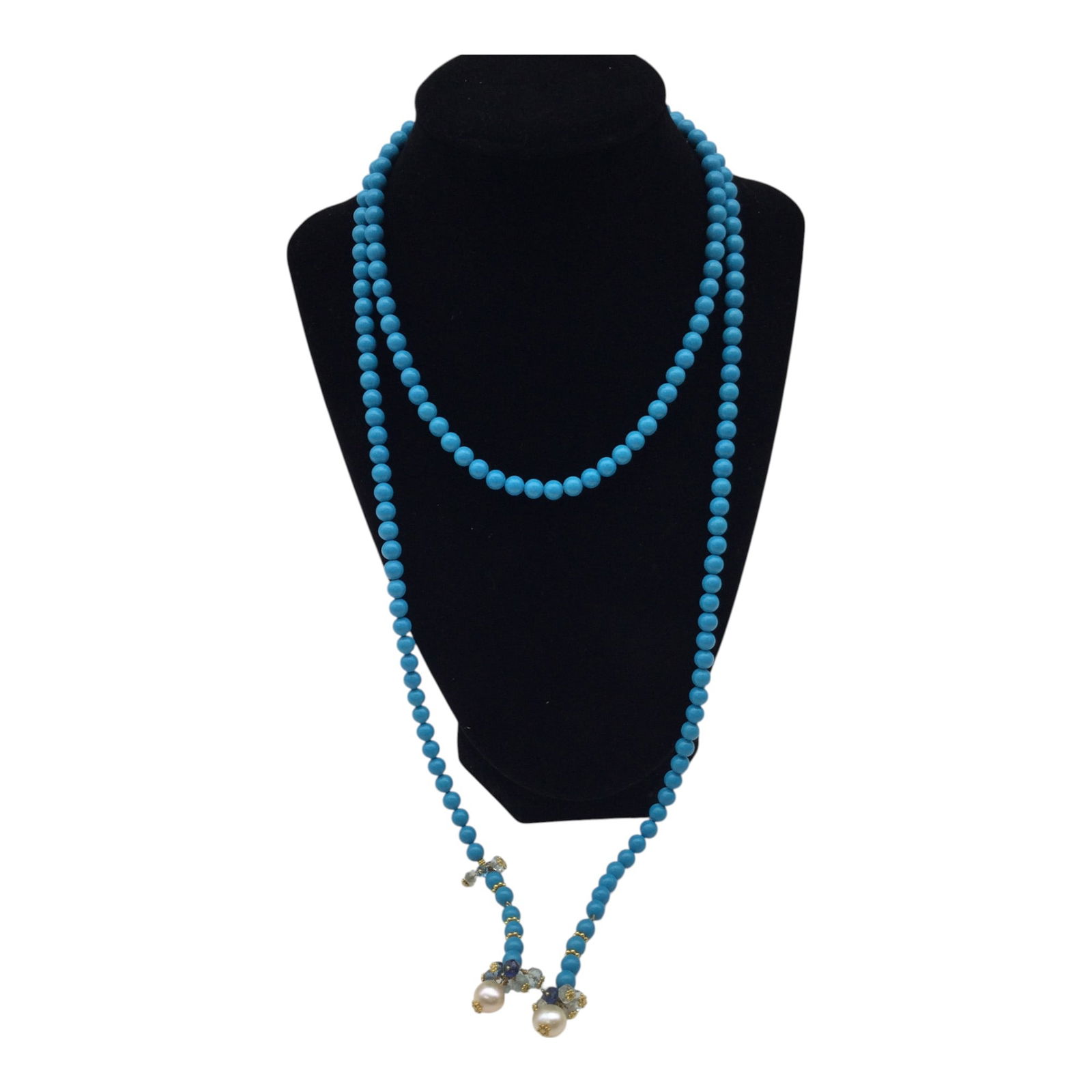 Turquoise Beaded Lariat With Faceted Gemstones and Freshwater Pearl Tips: Turquoise 6mm Beaded Lariat With Faceted gemstones and Freshwater Pearl Tips. Approx. 45 inches end to end. 2 oz.