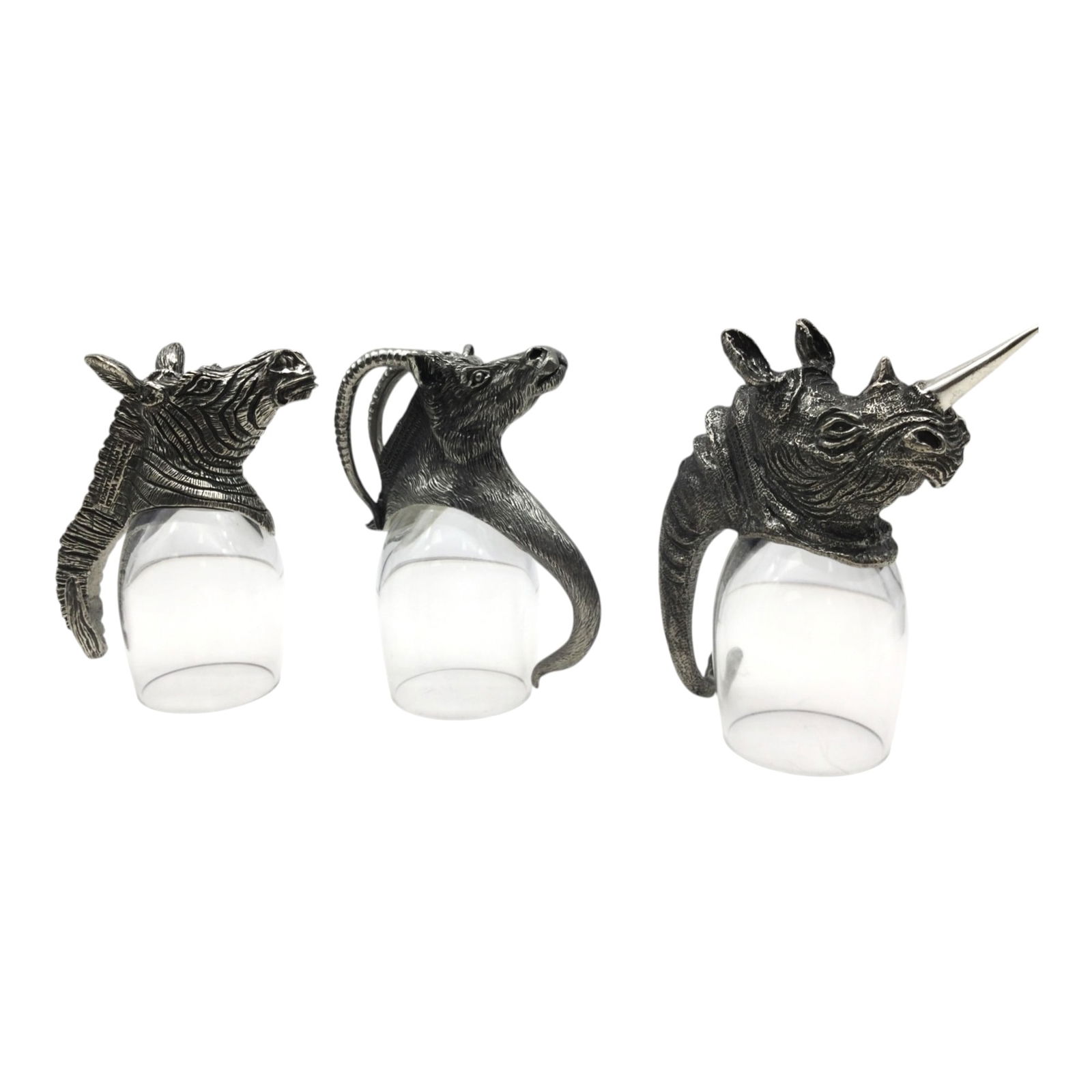Set of 3 Frankli Wild Royal Selangor South African Figural Animal Shot Glasses: Set of 3 Frankli Wild Royal Selangor South African Figural Animal Shot Glasses made of pewter rhino, zebra, and cuvier gazelle. 4.25 inches tall x 1.5 wide x 3.5 deep, 2 lbs.
