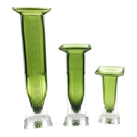Lot of 3 Ascending Glass Candle Stick Holders Greek Key Pattern