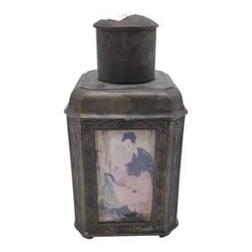 Stamped Chinese Touched Copper Tea Caddy With Erotic Panels