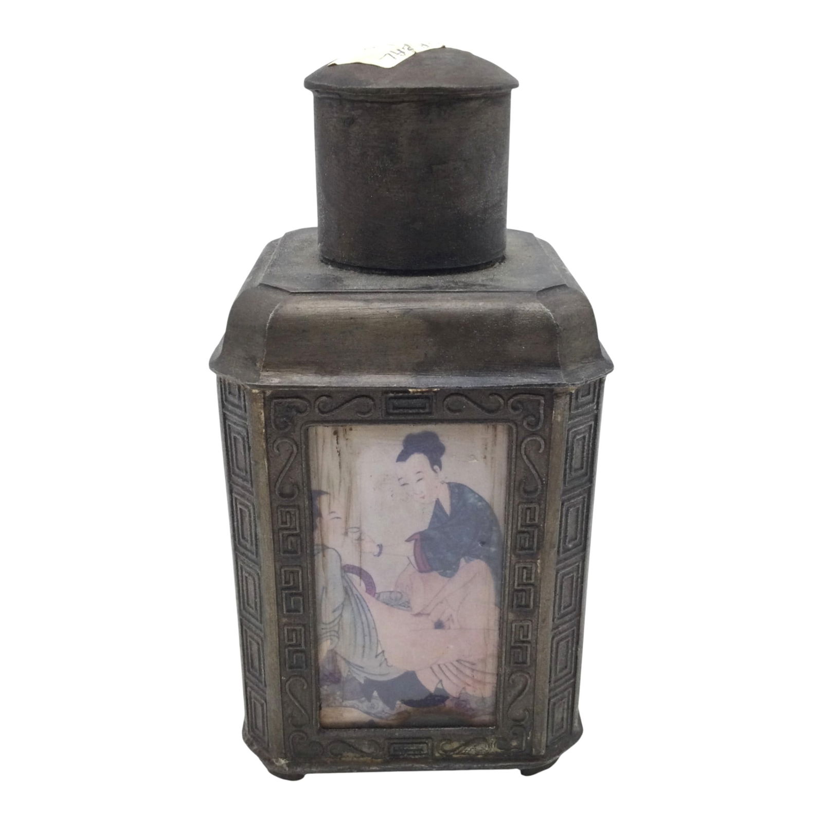 Stamped Chinese Touched Copper Tea Caddy With Erotic Panels: Stamped, made by Yan Yongli, Guangdong, China. Touched Copper Tea Caddy With 4 handpainted nude scenes behind glass panels. Approx. 7 inches tall x 3.25 wide and across, 2.2 lbs.