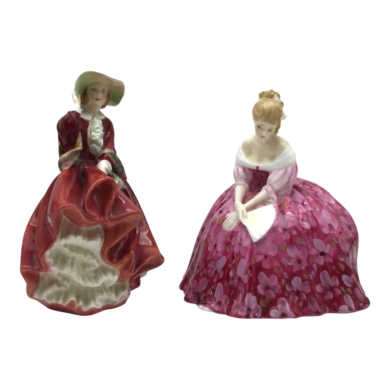 Pair Royal Doulton Bone China Figurines: Pair Royal Doulton Bone China Figurines. 'Victoria' HN2471 designed by M. Davies, 1972. 'Top o’ the Hill' HN1834, Designed by Leslie Harradine. Approx. 7 inches tall x 7 wide x 5 deep, 1.15 lbs. tog