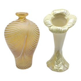 Pair Vases: Art Glass Vase and Belleek Porcelain Vase.