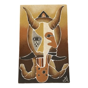 Signed African Sand Painting Art on Wood Board