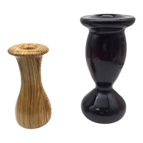 Pair Signed Wood Turned Candle Stick Holders