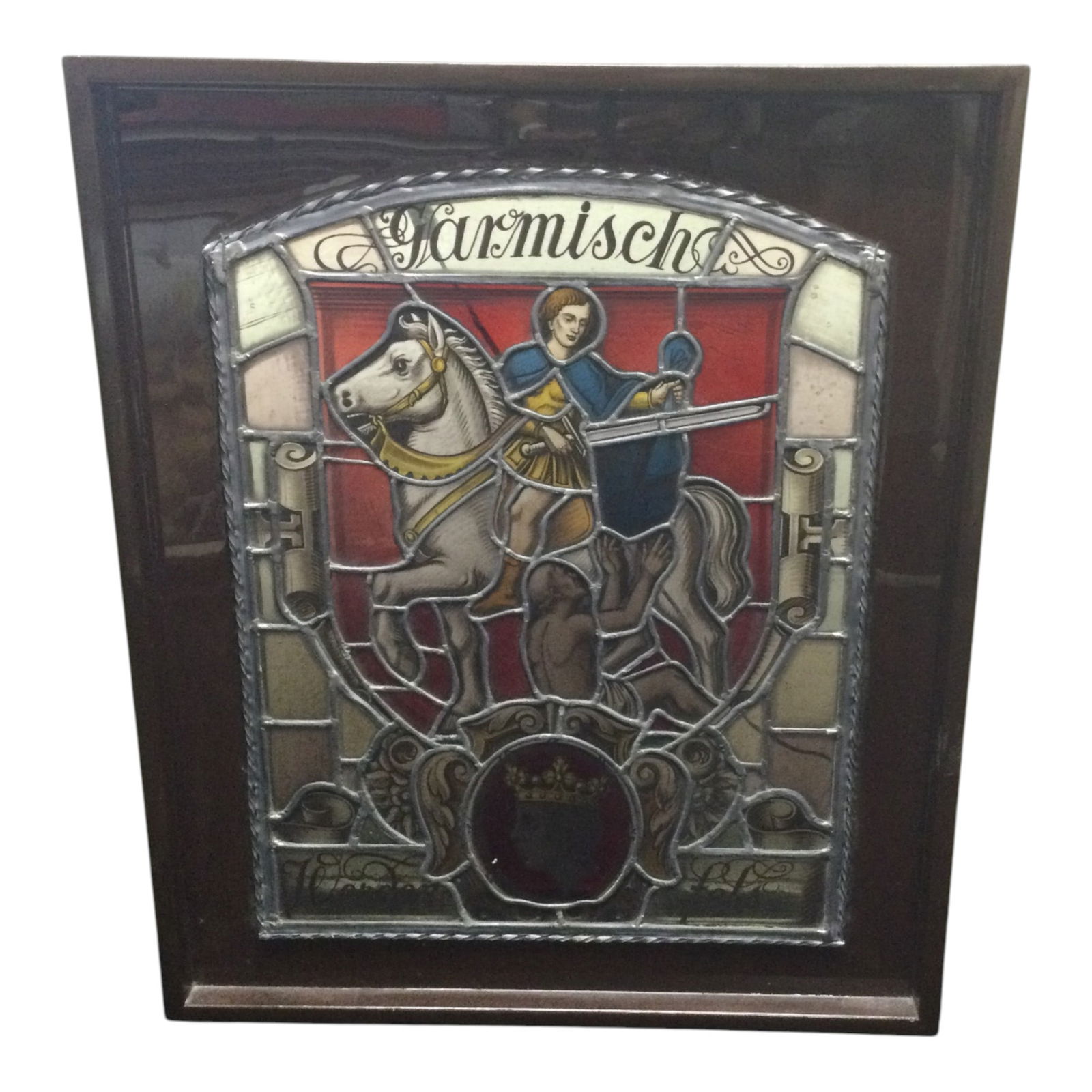 Antique German Backlit Stained Glass Coat of Arms: Antique German Backlit Stained Glass Coat of Arms for Garmisch in Bavaria depicting a knight on a horse next to a peasant with the words 'Garmisch Werdenfels'. Werdenfels was a castle in Garmisch. App