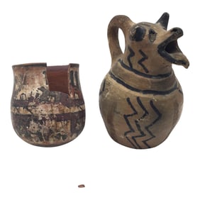 Nazca Kero Ceremonial Cup and Native Pottery Pitcher
