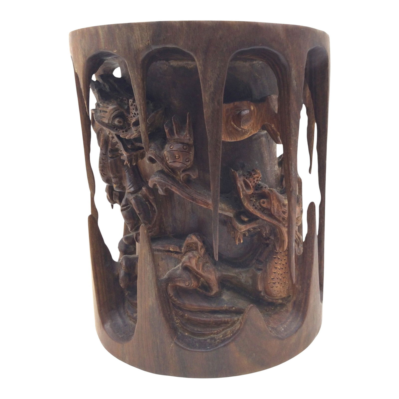 Chinese Hand Carved Wood Brush Pot: Chinese Hand Carved Wood Brush Pot with dragon design. Approx. 9 inches tall x 7 across, 8.6 lbs.