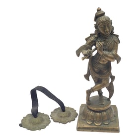 Brass Lord Krishna Statue and Finger Cymbals