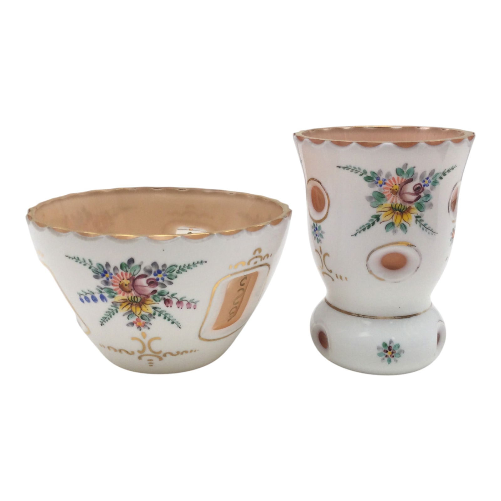 Moser Bohemian Glass Bowl and Cup: Moser Bohemian Glass Bowl and Cup hand painted floral design and cut to clear windows. Exclusively made for Saks Fifth Ave. Approx. (cup) 5 inches tall x 3 across,1 lbs. (bowl) 3.25 tall x 5.5 across