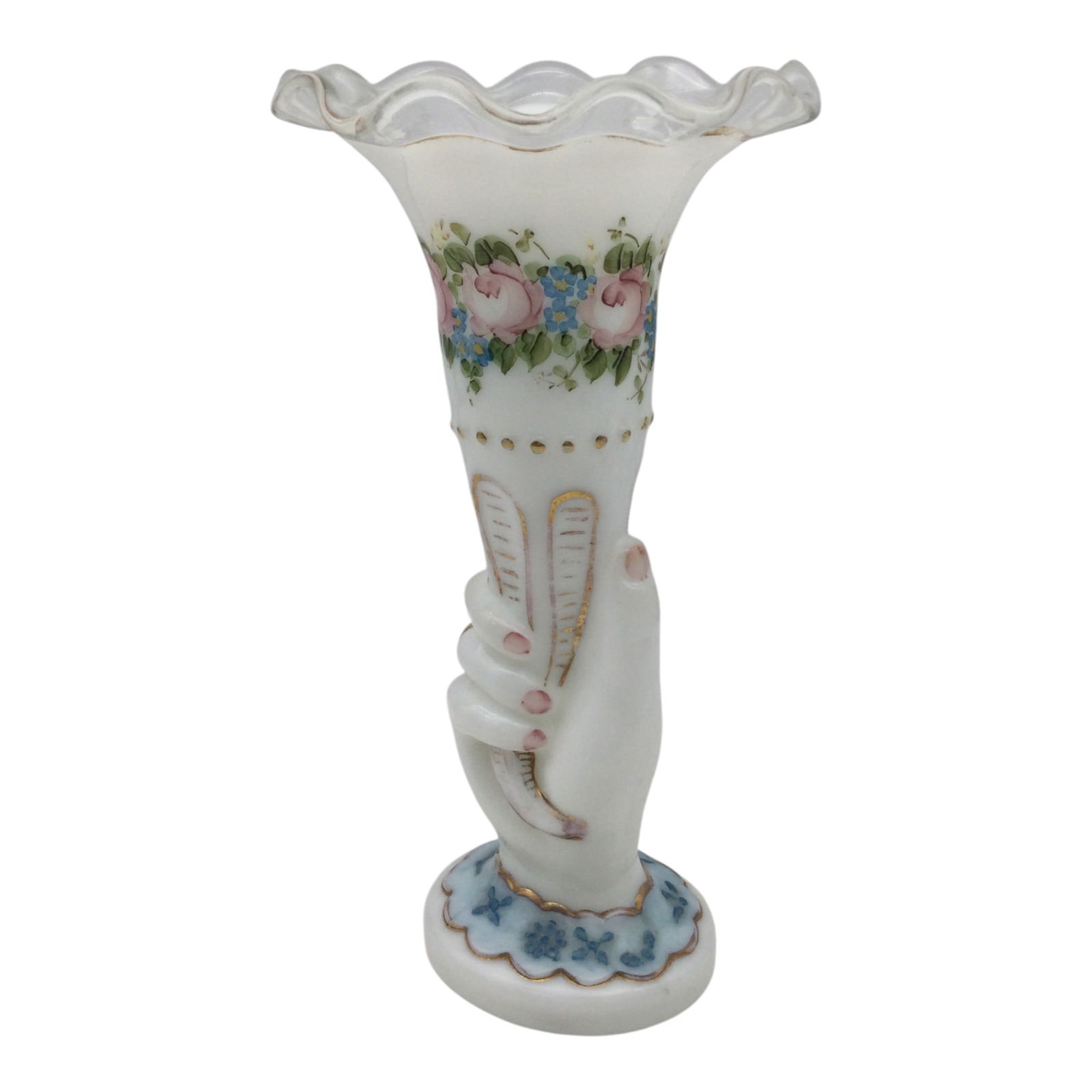 Hand Painted Milk Glass Wedding Hand Vase: Hand Painted Milk Glass Wedding ring Hand Vase. Approx. 11.25 inches tall x 5.75 across. 1.10 lbs.