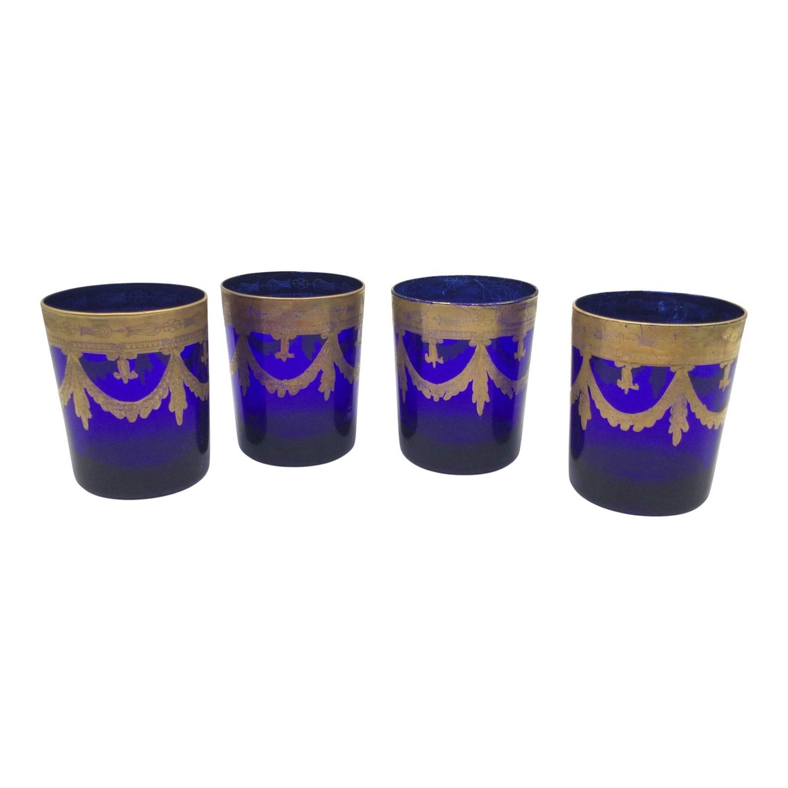 Lot of 4 Reims France Cobalt Blue Double Old Fashion Glasses: Lot of 4 Reims France Cobalt Blue, heavy gold trim, Double Old Fashion Glasses. Approx. 3.5 inches tall x 3 across, 2 lbs.