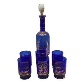 Cobalt Blue Glass Decanter and 6 Glasses