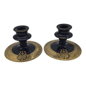 Pair Etched and Painted Ebony Glass Candlestick Holders