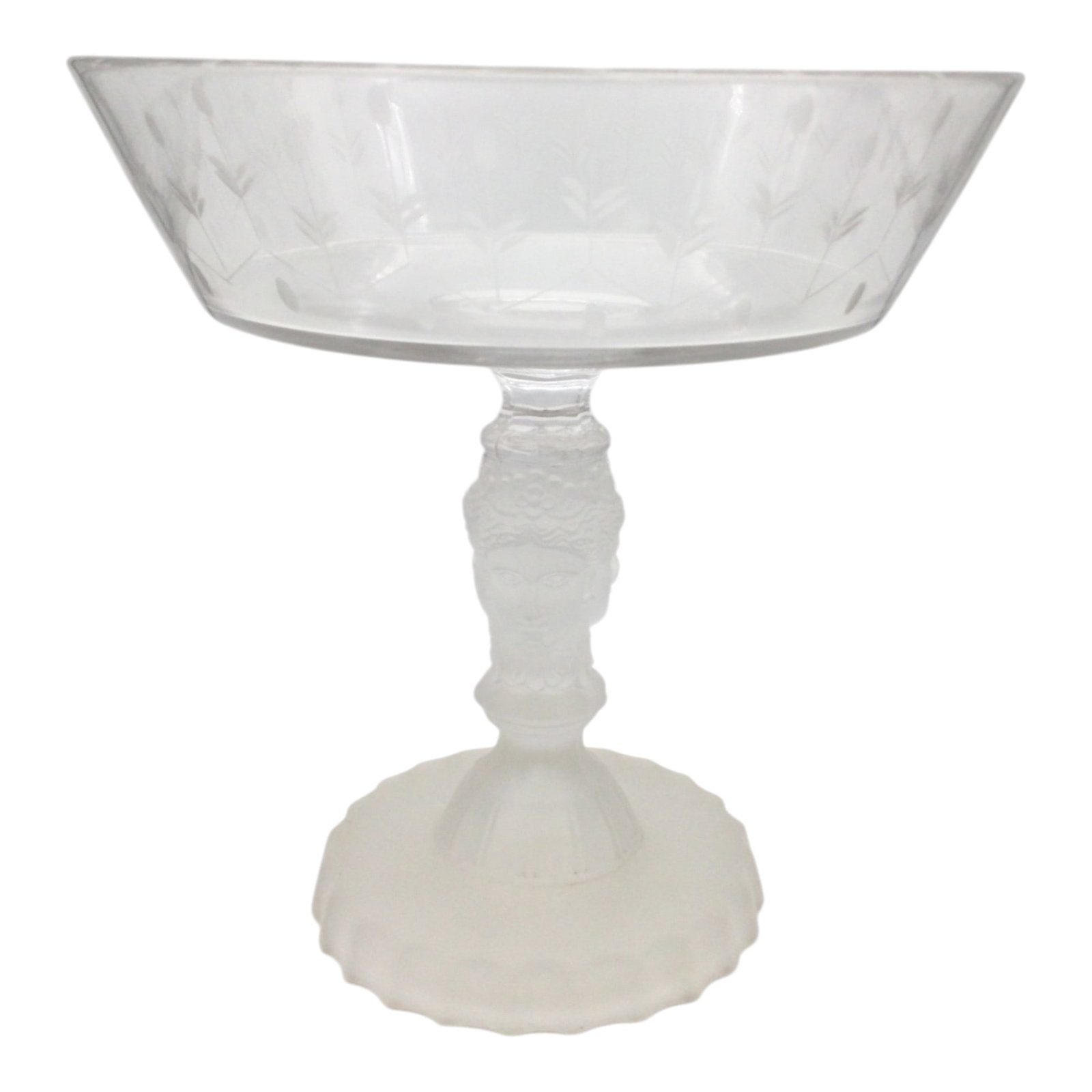 Duncan Miller Pedestal Compote Bowl: Duncan Miller Pedestal Compote Bowl with frosted 3 face base. Approx. 8.5 inches tall x 8.25 across, 2.6 lbs.