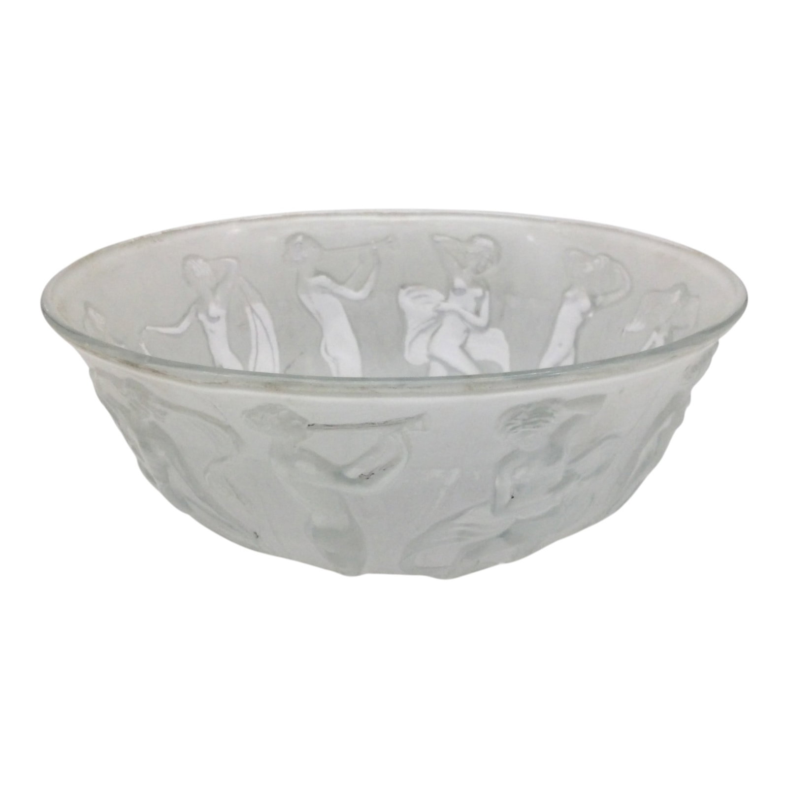 Consolidated Glass 'Dancing Nymphs' Art Deco Frosted Bowl: Consolidated Glass 'Dancing Nymphs' Art Deco Frosted Bowl with raised nude women dancing. Approx. 3 inches tall x 8.25 across. 1.15 lbs.