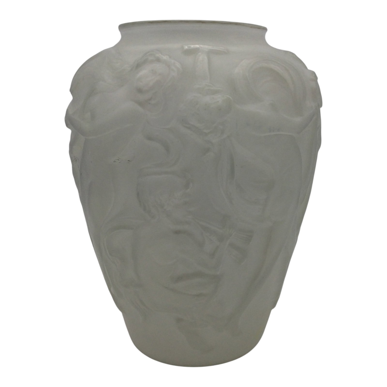 Art Deco Frosted Glass Vase: Art Deco Frosted Glass vase with raised nude women dancing. Approx. 11.5 inches tall x 9 across. 6.8 lbs.