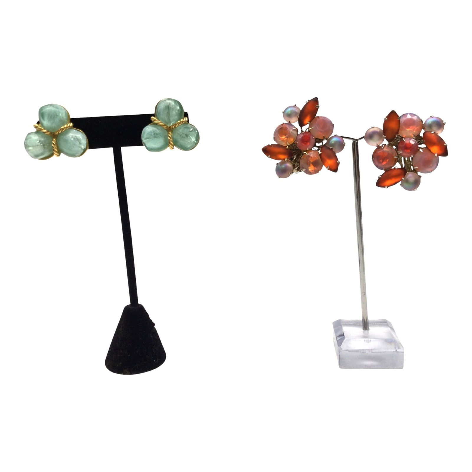 Vintage Lot of Clip on Earrings, 2 pairs Signed: 2 Pairs of vintage Clip-on Earrings. Hattie Carnegie gold rope and round opaque bead clip on earrings, approx. 1 inch across. Red, and iridescent pink rhinestone clip-on earrings, unsigned approx. 1.5