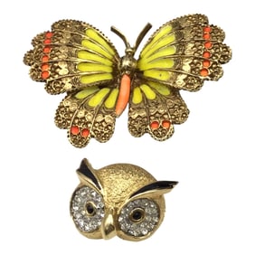 Pair Butterfly and Owl Brooches Signed