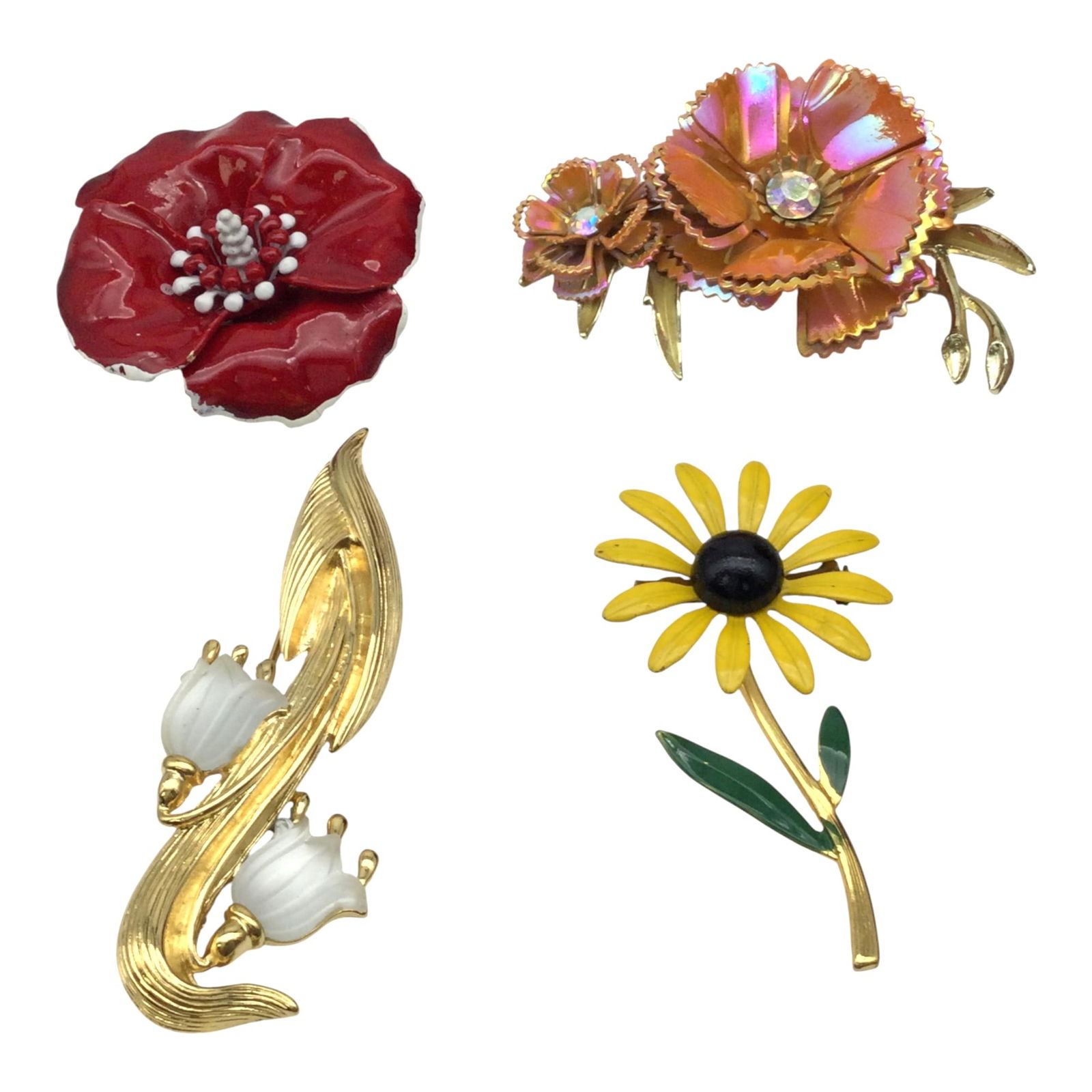 Lot of 4 Floral Brooches: Lot of 4 Floral Brooches. ART signed enamel red poppy brooch, approx. 2 inches across. Monet marked glass bell flower and gold tone brooch, approx. 3 tall x 1.5 wide. Multi flower metal brooch, approx