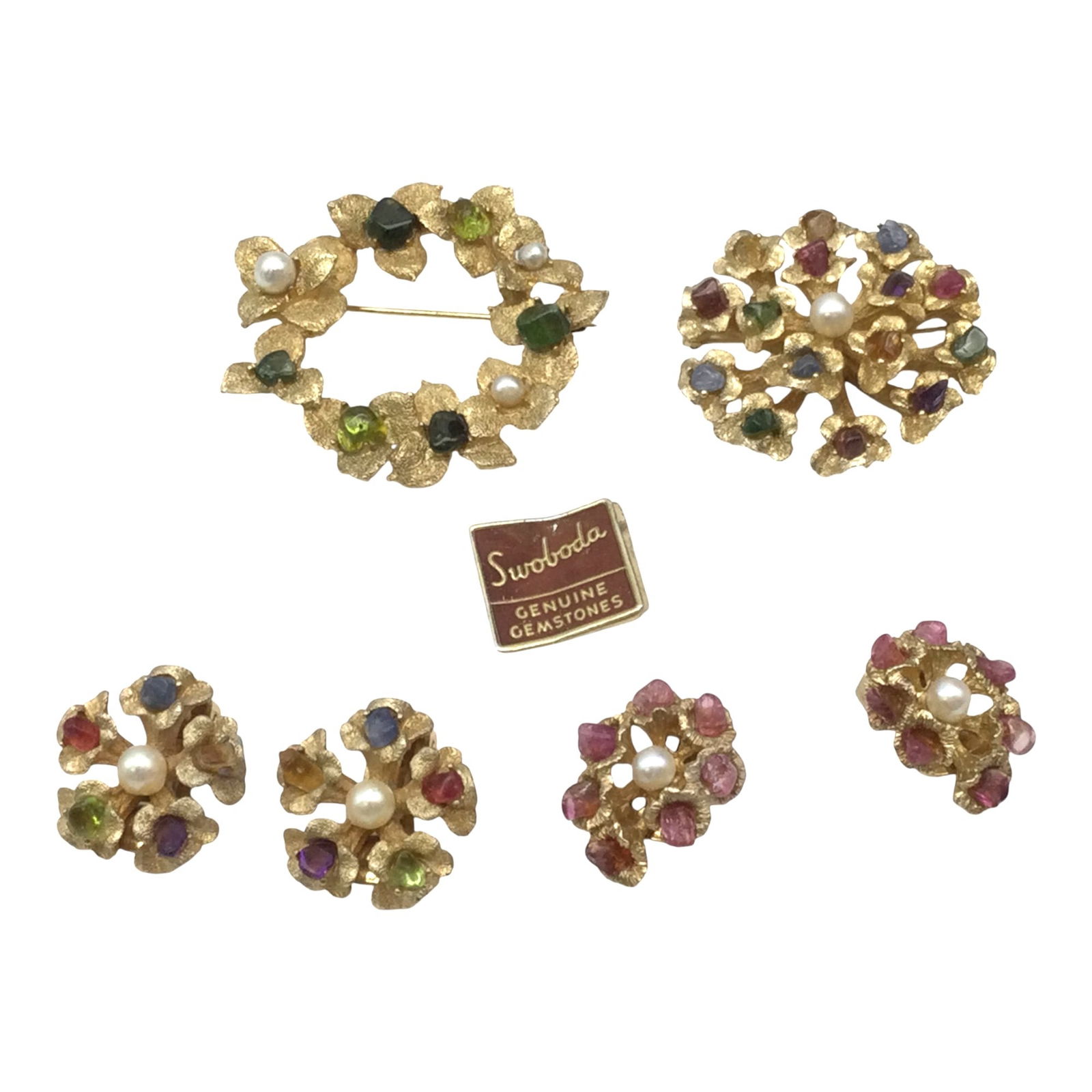 Vintage Swoboda Gemstone Jewelry: Vintage Swoboda Gemstone Jewelry, 2 Brooches (1.75 inches across) . 2 Pairs of clip-on earrings (1 inch across).