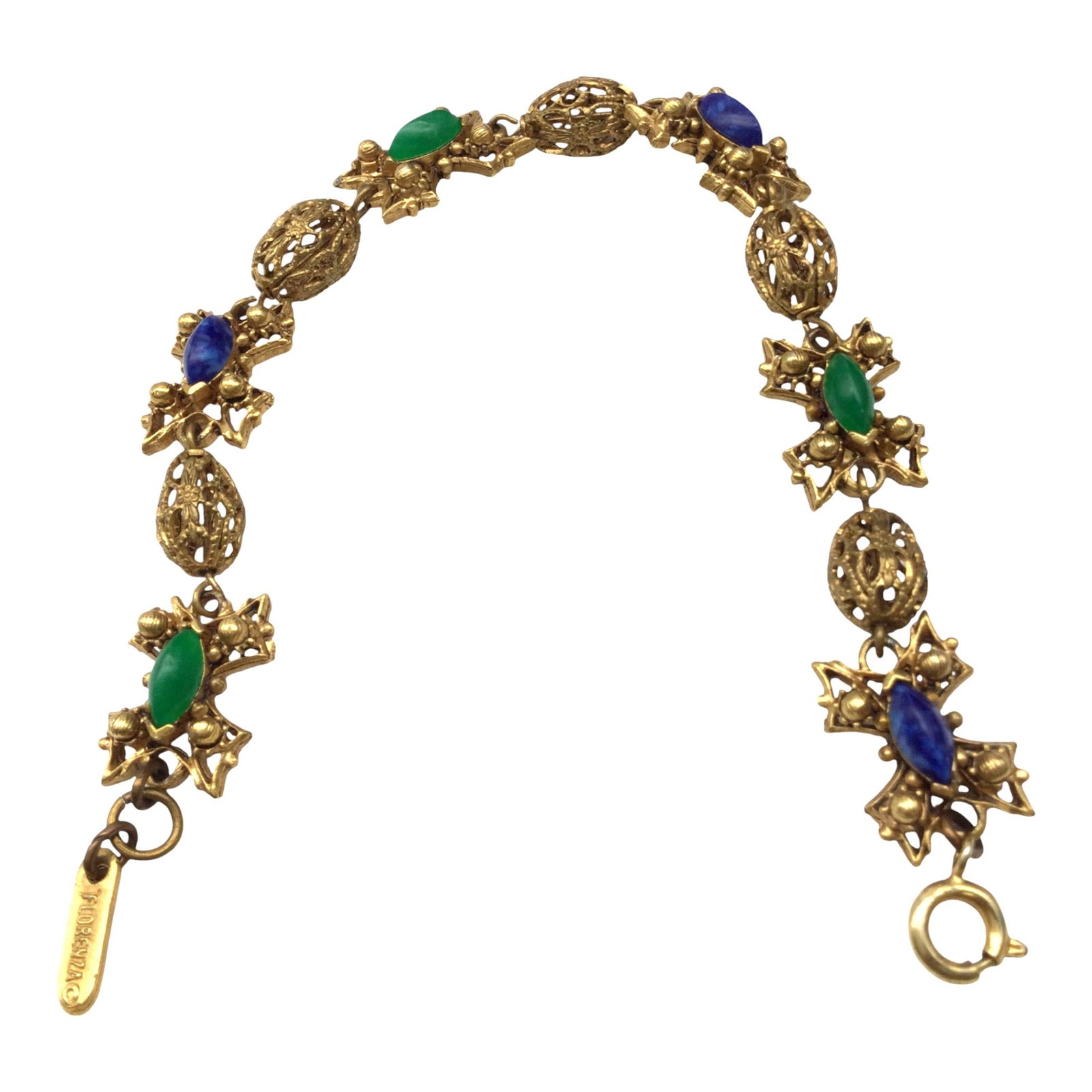 Vintage Florenza Cabochon Bracelet: Florenza Gold Tone blue and green cabochon stones simulating lapis lazuli and jade. Approx. 7 inches end to end. 0.5 wide.