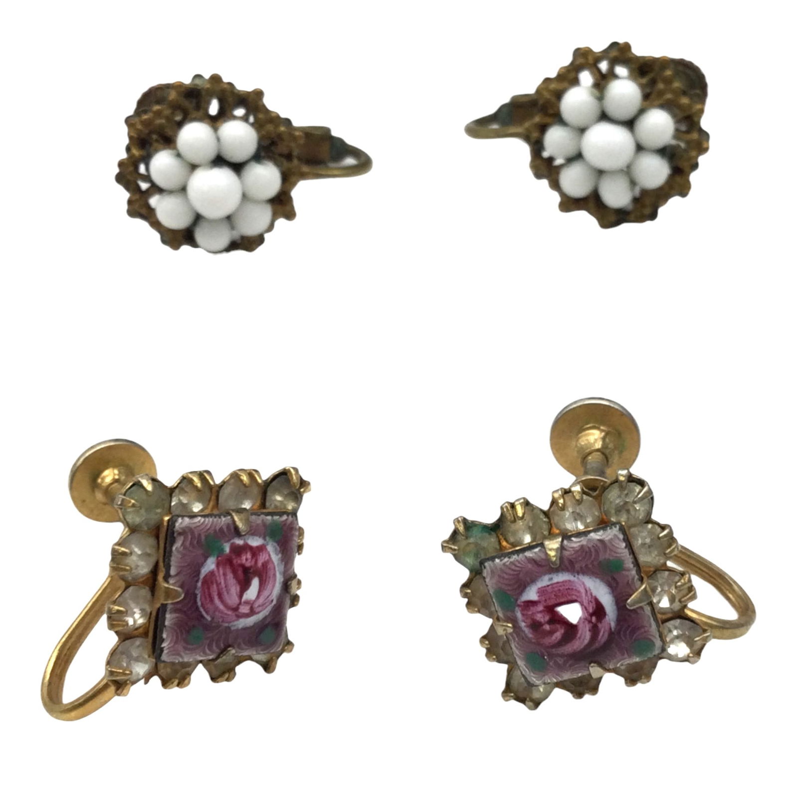 2 Pairs of Vintage Screw Back Earrings: 2 Pairs of Vintage Screw Back Earrings. Miriam Haskell white beaded earrings. Rose painted on enamel tile with rhinestone surrounding. Approx. 0.5 inch across.